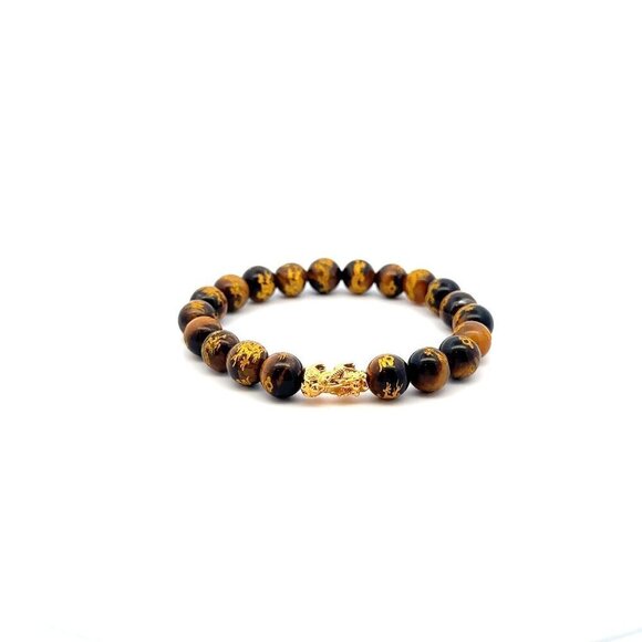 RAFANTHIA Jewelry - 18K Gold Piyao Pixiu Dragon Bracelet Gemstones Tiger's Eye Carved 8mm